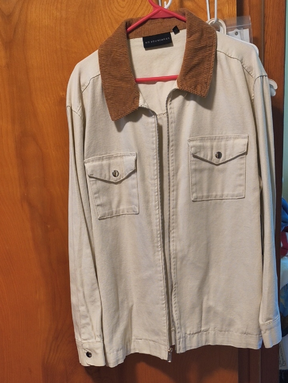 No Boundaries Cream Zip Jacket with Brown Corduroy Collar